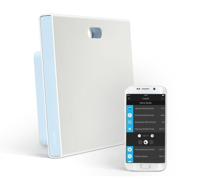 Die Coviva Smartbox von Hager mit der zugehörigen Steuerungs-App.